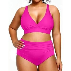 Udazzle Womens 2 Piece Plus Size 4XL Swimsuit Triangle Bikini Set Hot Pink